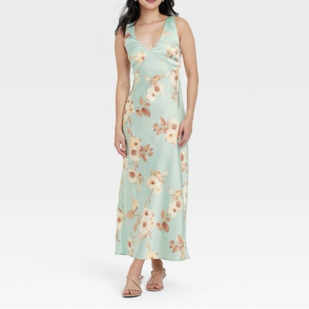 A New Day Maxi Slip Dress Tank Sleeveless Mint Floral Satin Size Large NWT